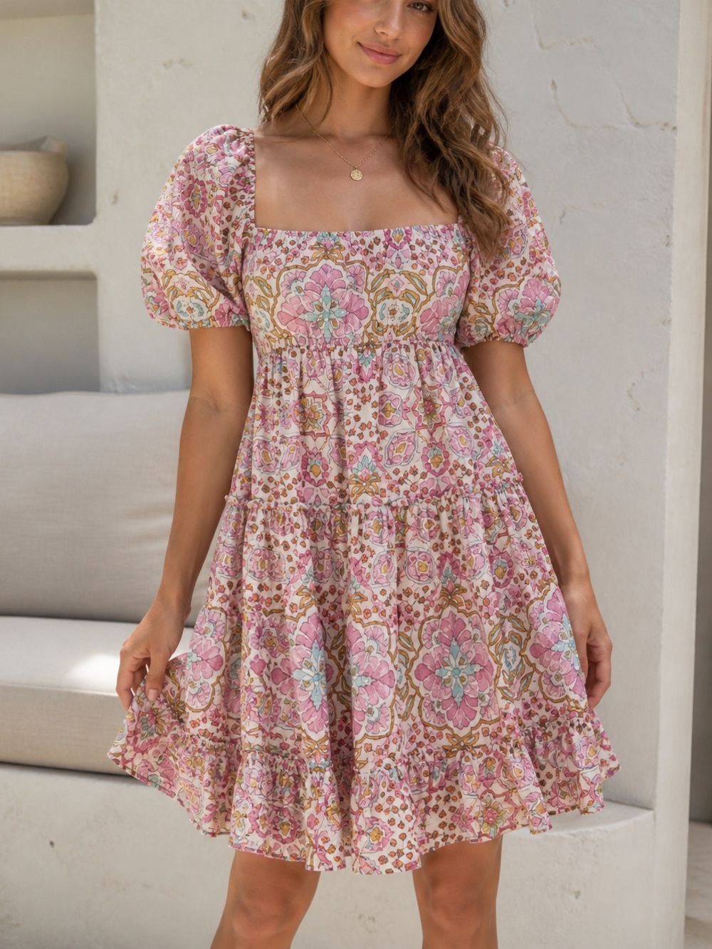 Misa Los Angeles Pink, Gold, Teal Floral Print Dress